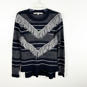 RACHEL RACHEL ROY Black Fringed Striped Long Sleeves Sweater, Size Medium